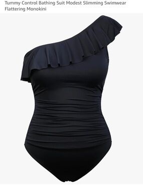 Women’s One-Shoulder Black Ruffle Tummy Control Swimsuit